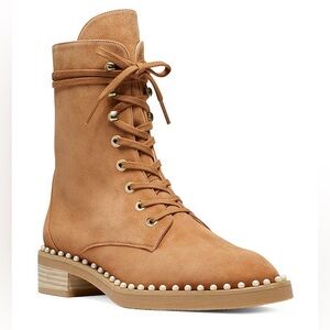 Stuart Weitzman Sondra Lace Up Tan Suede Combat Boots, Size 37.5 / 7B